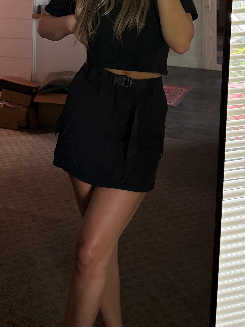 Black High-Waist Buckle-Front Mini Skirt - Cargo